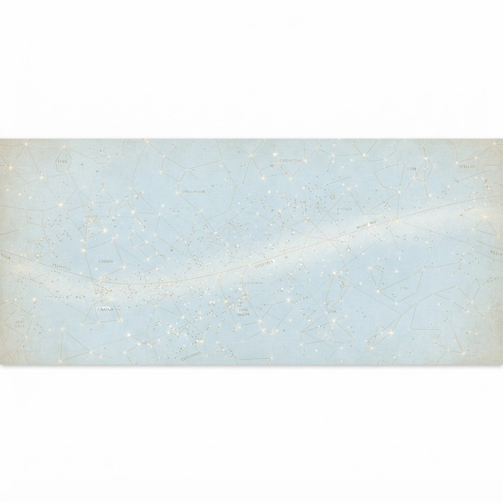 Abstract star-chart constellation map in soft daylight tones, thin pale-gold lines connecting points of light
