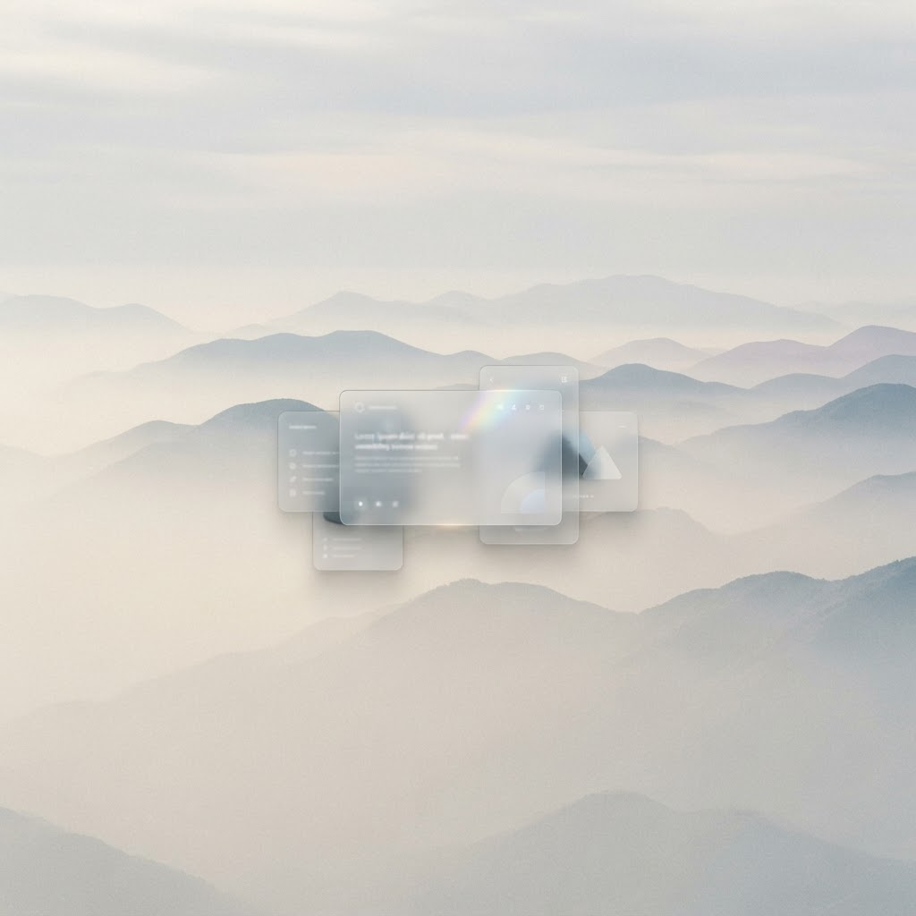 Abstract soft layered mountain silhouettes fading into pale mist, muted blue-gray and warm cream tones
