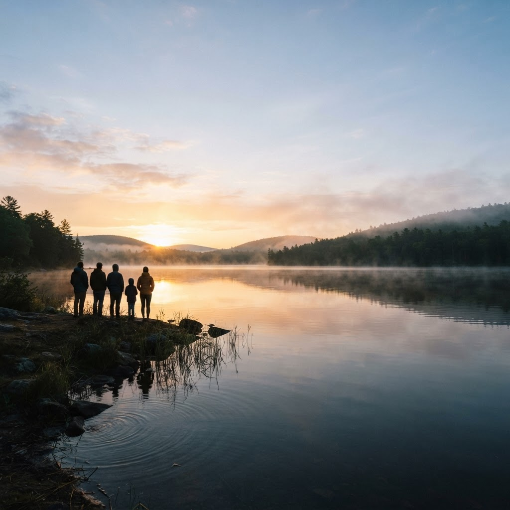 A small group of silhouetted figures standing together at the edge of a still lake at dawn, warm golden light on the horizon
