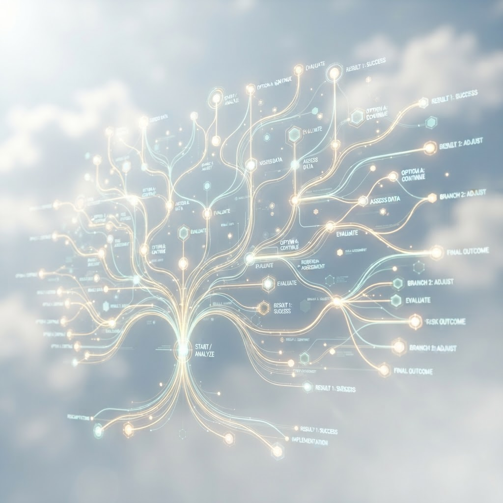 Abstract visualization of interconnected glowing nodes forming a branching decision tree