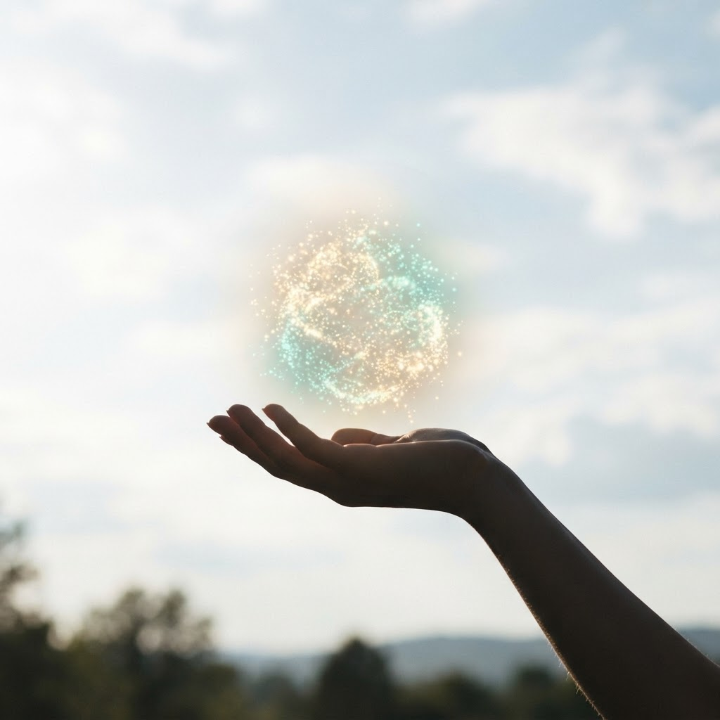 A single glowing orb-like entity composed of light particles hovering above an open hand silhouette, soft gold and pale teal light on a bright sky