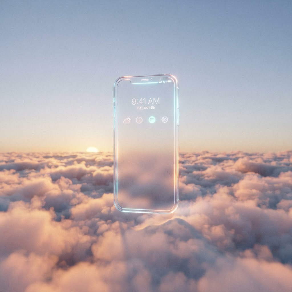 A single smartphone rendered as a translucent glass panel floating above a bright cloudscape, soft glowing UI light at its edges