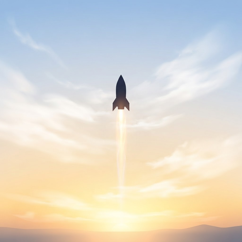 A small minimal geometric rocket silhouette launching upward through soft clouds with a light trail, dawn gradient from pale blue to warm gold