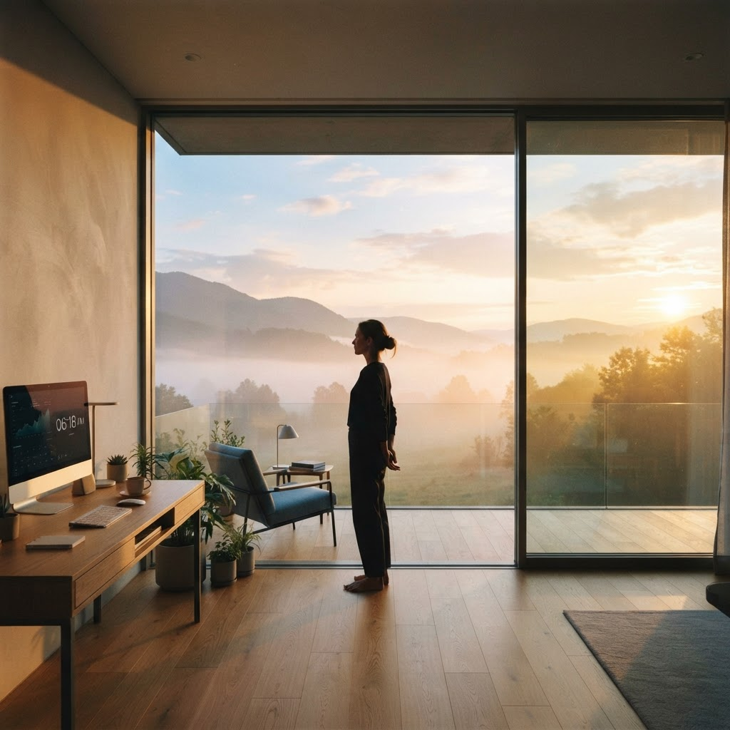 A silhouetted figure at a large window overlooking a soft misty valley at dawn, warm golden light filling the room