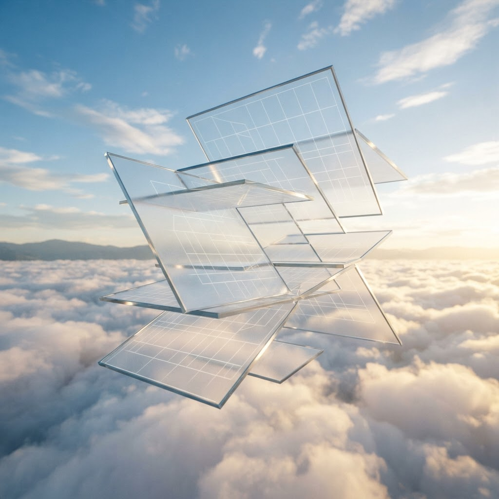 Abstract layered translucent glass panels floating above soft clouds, each panel faintly showing wireframe grid lines, warm daylight backlight